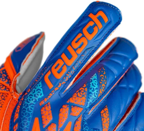 Vista 6 de Reusch Attrakt Solid Finger Support Junior Goalie Gloves Durable & Breathable Soccer Youth Goalkeeper Gloves Orange & Blue