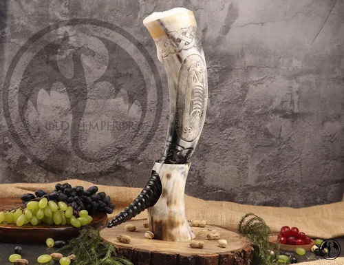 Vista 8 de Cuerno vikingo con soporte Abuey natural grabado a mano grande Seguro para alimentos Regalos vikingos nórdicos únicos para hombres y mujeres