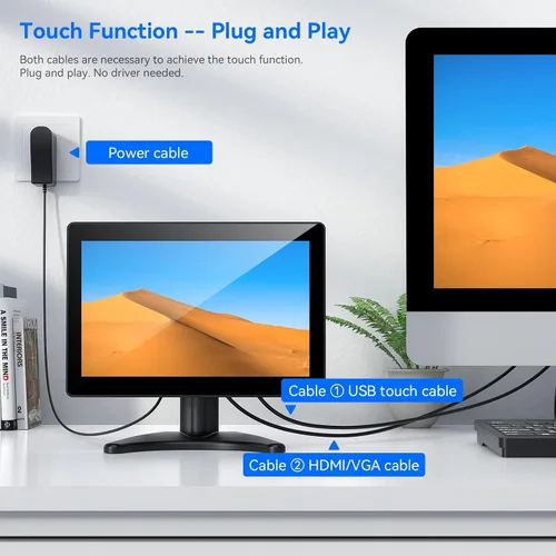 Vista 8 de Eyoyo Monitor de pantalla táctil pequeño de 10.1 pulgadas: pantalla IPS de 1280x800, táctil de 10 puntos, entrada HDMI VGA AV, altavoces