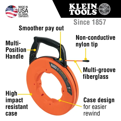 Vista 13 de Klein Tools 56383 - Cinta eléctrica no conductora para pesca, extractor de alambre de fibra de vidrio multi ranura, punta de nylon, carcasa y mango