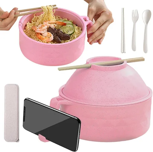 Vista 7 de Tazón de ramen para microondas, nuevo juego de tazón de ramen para microondas 2025 con colador, juego de tazón de ramen con tapa, mangos, cuchara