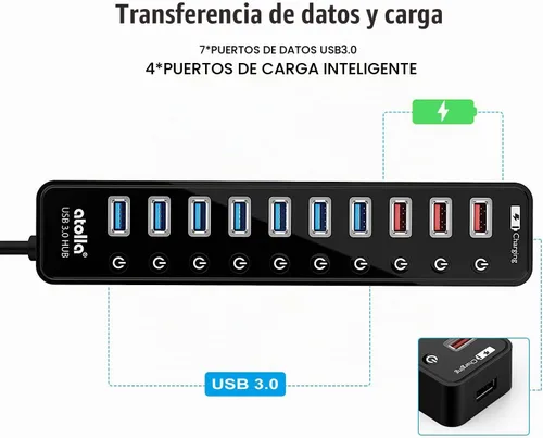 Vista 4 de Hub USB 3.0 alimentado, atolla 11 puertos, 7 puertos de datos USB 3.0+4 puertos de carga USB 3.0 Hub with Individual On/Off Switches and 12V/4A