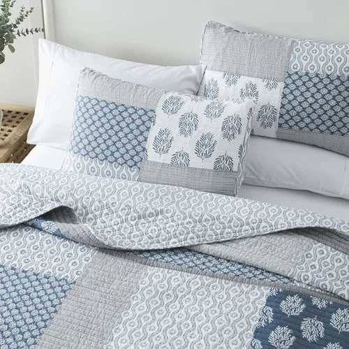 Vista 3 de Y-PLWOMEN - Juego de cama Queen con edredón/cubrecama de algodón 100% ligera, reversible, floral, rústico, para todas las estaciones Azul/Blanco/Gris