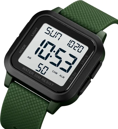 Vista 2 de Reloj digital deportivo para hombre, resistente al agua, con retroiluminación LED, alarma, temporizador de cuenta regresiva, doble hora, cronómetro