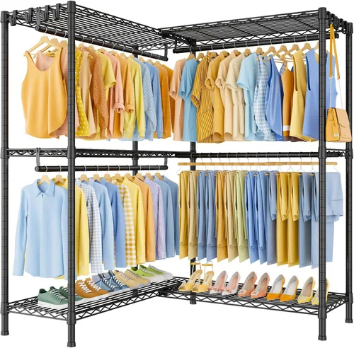 Vista 10 de ULIFHOME E15 - Perchero en forma de L para esquina, perchero independiente para colgar ropa, organizador de armario resistente con 4 varillas