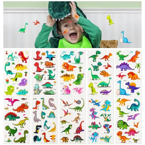 Vista 4 de Habett Tatuajes temporales para niños, 60 hojas de estilos mixtos de tatuajes temporales para niñas y niños, dinosaurios espaciales, tatuajes