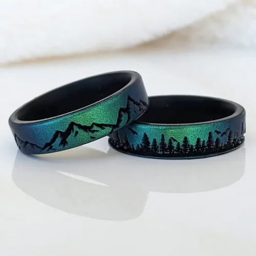Vista 2 de Knot Theory Anillo de silicona para hombres y mujeres, diseño de ondas, montaña, bosque, alianza de boda de silicona para actividades deportivas