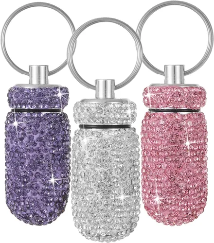 Vista 7 de Pastillero de viaje portátil con diamantes de imitación, impermeable, pequeño pastillero con llavero, bonita caja de almacenamiento de pastillas