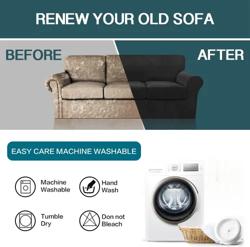 Vista 6 de FantasDecor Fundas de terciopelo para sofá de 2 piezas para sala, con cojín individual, protector elástico de muebles para mascotas, lavable a Negro