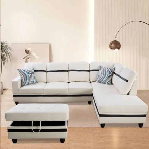 Vista 15 de Juego de sofá seccional de cuero para sala de estar, juego de 3 piezas con almacenamiento otomano negro para sala de estar/dormitorio/apartamento