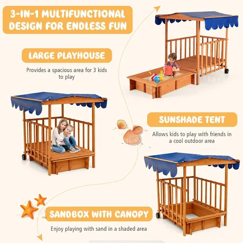 Vista 2 de HONEY JOY Caja de arena 3 en 1 para niños con casa de juegos y toldo, madera de cedro sin fondo para patio trasero con ruedas, barandillas