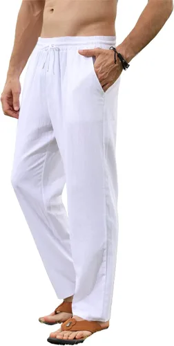 Vista 3 de EndoraDore Pantalones de lino de algodón para hombre, pantalones deportivos ajustados, pantalones elásticos para entrenamiento atlético, pantalones