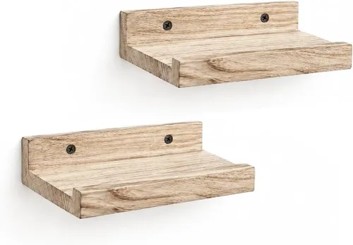 Vista 13 de Z metnal Mini estantes flotantes, pequeño estante de pared de madera natural para repisa de fotos, Pawlownia, montado en la pared, marrón claro, 6 x