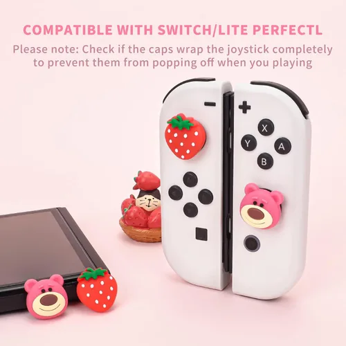 Vista 5 de DLseego Strawberry Bear - Tapas de agarre para el pulgar para Switch Lite Switch Switch OLED lindas tapas de silicona suave con botón de joystick