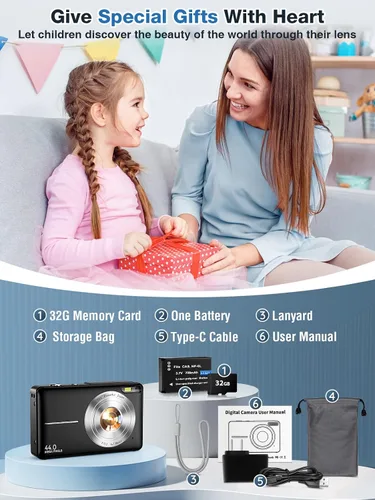 Vista 9 de Cámara digital, FHD 1080P para niños, cámara digital de 44 MP para apuntar y disparar con tarjeta de 32 GB, zoom de 16X, antivibración, sello