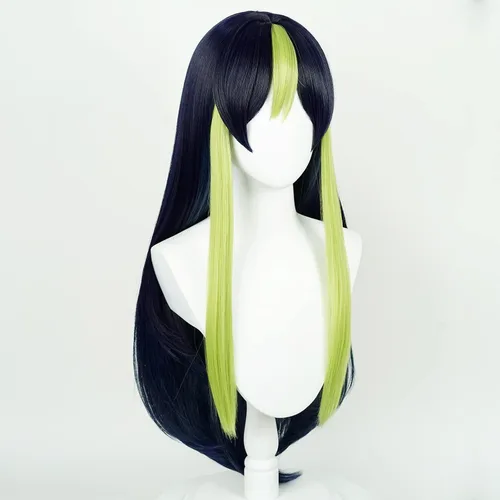 Vista 2 de Uniquebe Tighnari - Peluca de cosplay, pelucas largas y rectas de color azul marino oscuro mezclado con verde para niñas, mujeres y hombres