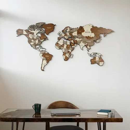 Vista 7 de Colorfull Worlds Mapa del mundo de madera y metal 3D montado, mapa de madera multicapa sobre base de metal, mapa artístico de pared de madera
