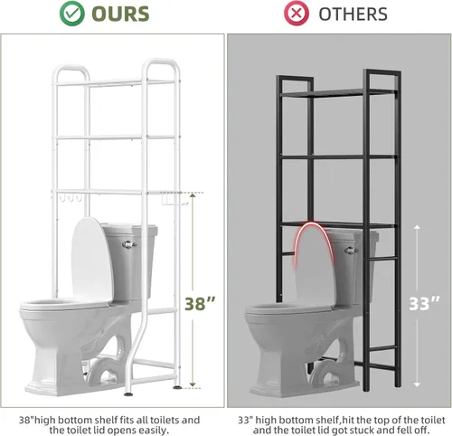 Vista 2 de Simple Trending Estante de almacenamiento sobre el inodoro, estante organizador de baño de metal de 3 niveles con soporte para papel y 3 ganchos