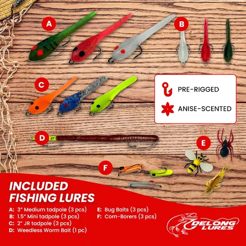 Vista 3 de DeLong Lures Paquete de 20 señuelos de pesca para niños, kit de señuelos preaparcados fáciles de usar para Bluegill, Bass y Crappie, cebos
