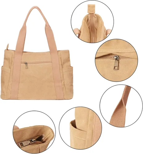 Vista 6 de Bolso de mano, bolso de hombro Mulititi, bolsillos de lona, bolso de vacaciones con cremallera, bolso de trabajo, regalos para mujer