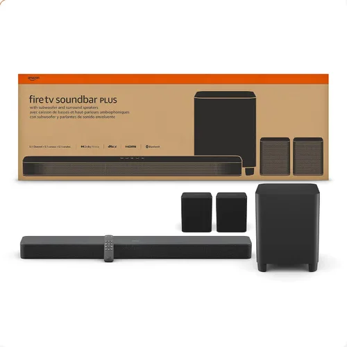 Vista 2 de Barra de sonido Amazon Fire TV Plus con subwoofer y parlantes de sonido envolvente (último model), 5.1 canales, Dolby Atmos, diálogos nítidos