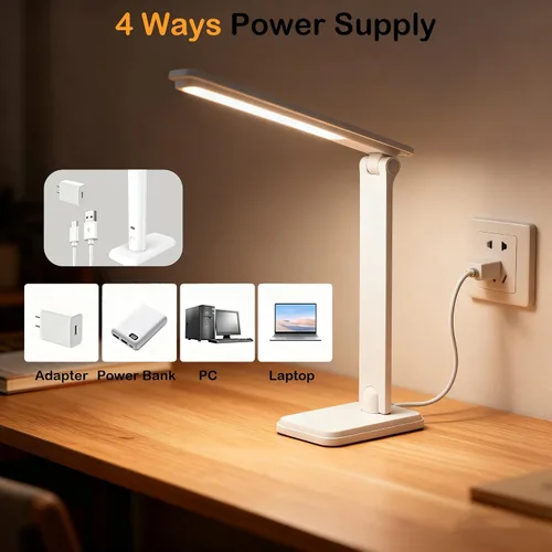 Vista 5 de Lámpara LED de escritorio, lámpara de mesa regulable, lámpara de lectura con clip y base intercambiables, 3 brillos regulables, pequeña lámpara