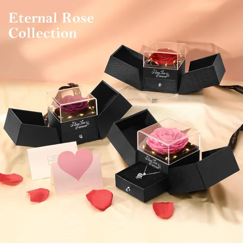 Vista 9 de Emibele - Regalos de rosa preservada para mujer, caja de rosa eterna con collar de corazón, regalos románticos con mensaje "te amo" para mujeres