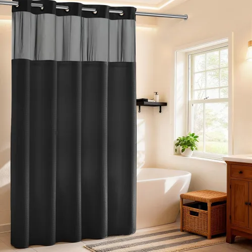 Vista 73 de Cortina de baño River Dream de gran peso sin ganchos necesarios con diseño de gofre punteado y forro a presión - 36W x 74H, de calidad hotelera