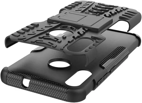 Vista 6 de Funda para teléfono Moto E6 Plus con protector de pantalla de vidrio templado y soporte, accesorios de protección híbrida dura, resistente, Negro