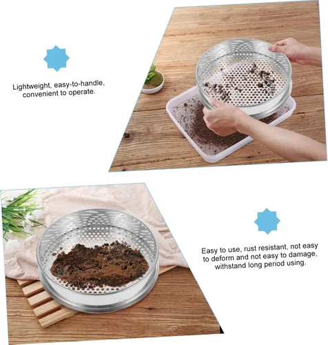 Vista 9 de Toddmomy Tamiz de malla fina de acero inoxidable rotativo tamiz de suelo para jardín, tamiz de suelo redondo para el hogar, cocina, tamiz multiusos