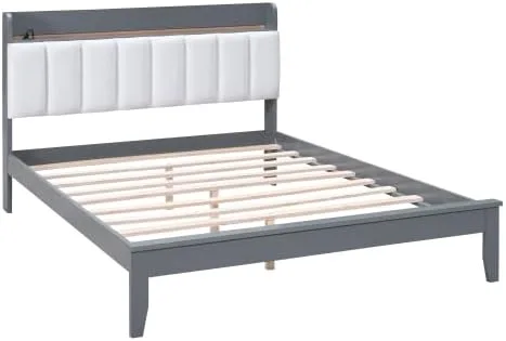 Vista 7 de Moderna base de cama LED de tamaño matrimonial con estación de carga, plataforma de madera con cabecera tapizada de almacenamiento, cama matrimonial