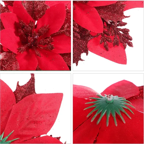 Vista 5 de Toyvian Flores de pascua artificiales con purpurina navideña, 12 adornos de flores para árbol de Navidad, decoración de fiesta de Navidad con 12 Rojo