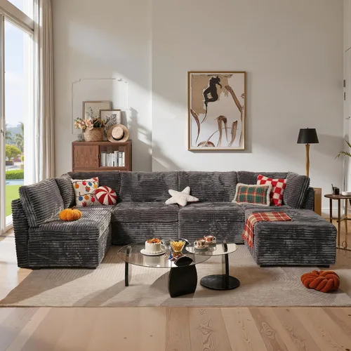 Vista 29 de Ovios - Sofá modular con diván en forma de U y otomanas, cómodo y mullido, tapizado en pana estilo nube, moderno, asiento profundo, juego de sofás
