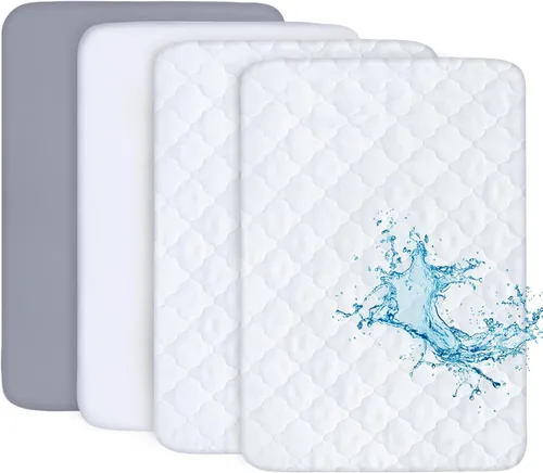 Vista 10 de Pack and Play - Juego de sábanas y protectores de colchón, paquete de 4, color gris 4-Piece Set: 2 Waterproof Quilted Covers + 2 Soft Sheets, Fits