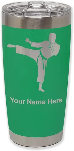 Vista 37 de LaserGram Vaso aislado al vacío de 20 onzas, Karate Man, grabado personalizado incluido (negro) Engraved Gift, Vacuum Insulated Stainless Steel