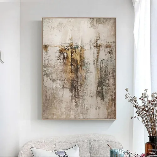 Vista 3 de Pintura de arte abstracto grande beige dorado marrón para sala de estar, pintura gris beige, arte de pared escandinavo, decoración del hogar, 14 x