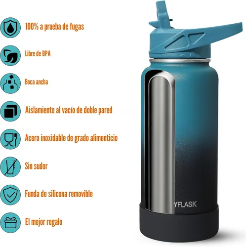 Vista 3 de RUBYFLASK - Botella de agua aislada con pajilla, jarra de agua al vacío de acero inoxidable, 24 onzas, botella con 3 tapas a prueba de fugas