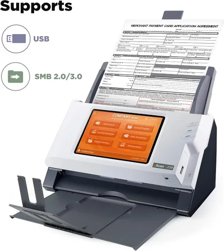 Vista 3 de Plustek Escáner de documentos de red empresarial eScan, inalámbrico de alta velocidad con gran pantalla táctil. Implementación sencilla a escala