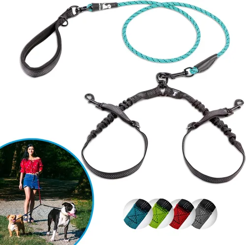 Vista 30 de Correa doble premium para dos perros, absorción de golpes, antitirón, doble correa para razas medianas y grandes con accesorio de correa doble