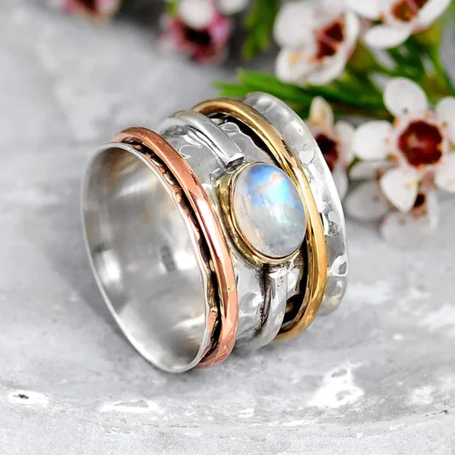 Vista 5 de Boho-Magic Anillo giratorio de plata de ley 925 con piedra lunar para mujer con cobre y latón