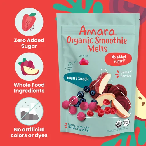 Vista 5 de Amara Smoothie Melts - Beets n' Berries - Snacks orgánicos para bebés con frutas y verduras - Yogur derretido a base de plantas - Snack saludable