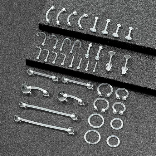 Vista 3 de FECTAS 20-38 piercings transparentes de plástico Bioflex, aretes de nariz, tabique, vientre, cartílago, hélice, pezón, lengua, labio, labret, cejas