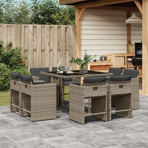 Vista 42 de 9-Piece Patio Dining Set with Cushions Beige Poly Rattan Outdoor Furniture for Garden Backyard Balcony – Foldable Chairs Space Saving Design