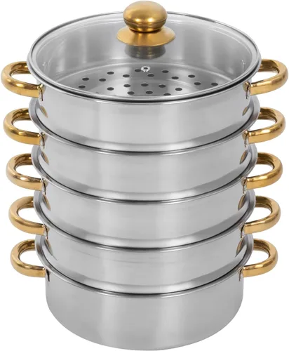 Vista 12 de Vaporizador de acero inoxidable de 5 niveles con asas, olla de vapor para cocinar carne y verduras con tapa y asa, olla de vapor redonda con sartén
