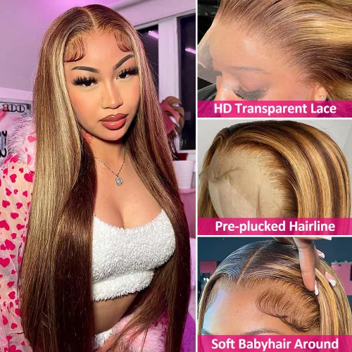 Vista 3 de Flady Peluca de cabello humano con encaje frontal ombré, prearrancada, sin pegamento, peluca frontal de encaje HD 4/27, pelucas de cabello humano
