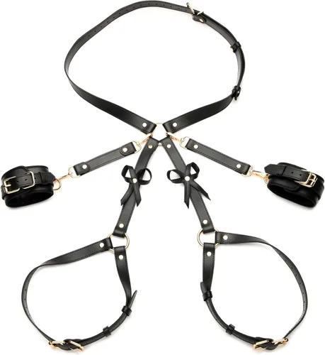 Vista 5 de STRICT Arnés Bondage negro con lazos para mujeres, hombres y parejas BDSM, sujetadores de cuero vegano para submarinos, mediano grande, negro