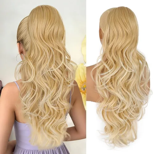 Vista 15 de Extensión de cola de caballo rubio, extensión de cola de caballo con cordón de 20 pulgadas para mujeres, extensiones de cabello de cola de caballo