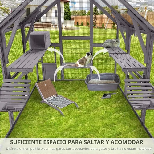 Vista 4 de Gran recinto para gatos Catio al aire libre, resistente a la intemperie, con techo impermeable, múltiples plataformas, hamaca para cueva de gato