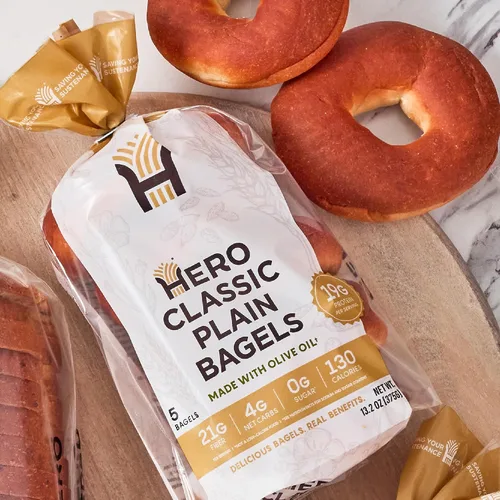 Vista 3 de Hero Classic Plain Bagel - 4 g de carbohidratos netos, 19 g de proteína, alta fibra, 130 calorías por porción (10 bagels, 2 paquetes de 5)