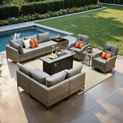 Vista 24 de ovios Muebles de patio de 8 piezas con hoguera, juego de conversación de mimbre de ratán para exteriores con mesa de centro brillante, cómodo sofá